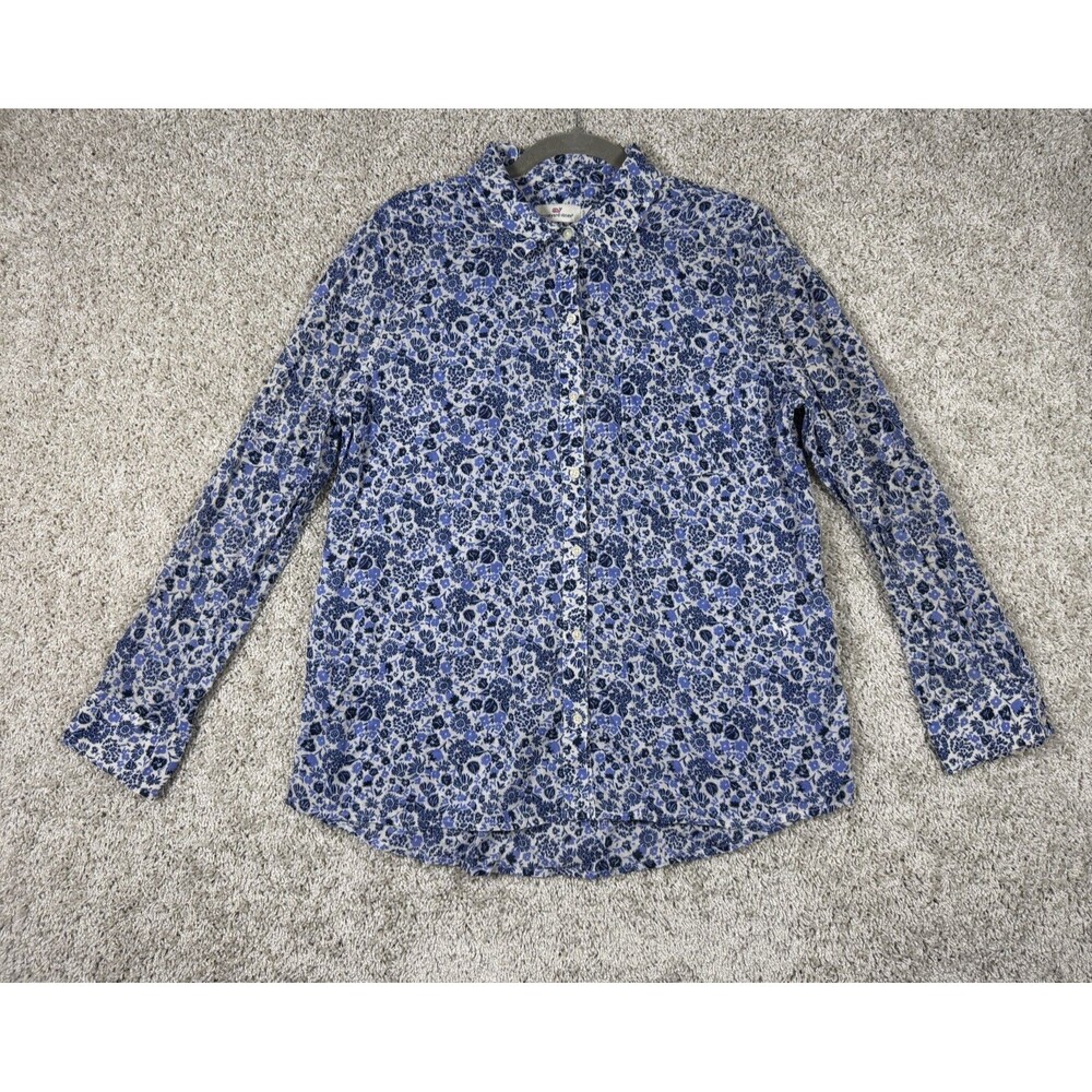 Vineyard Vines Women's Size 12 Blue Floral Button Front Shirt Relaxed Cotton